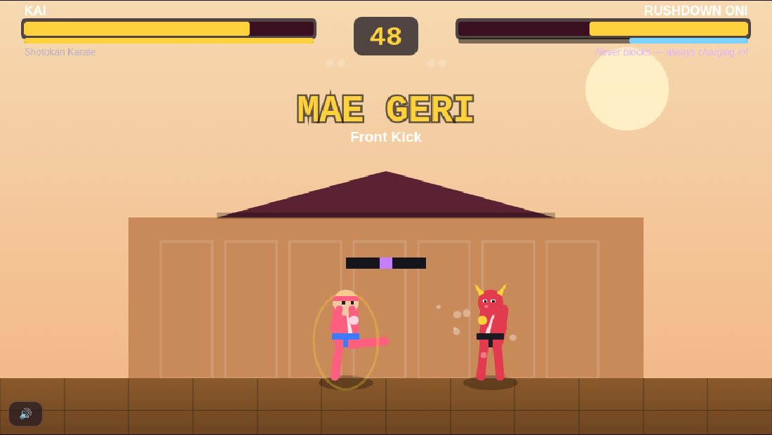 Demon Dojo gameplay โ karateka Kai in a pink gi facing the horned Rushdown Oni in the dojo, health bars and round timer above