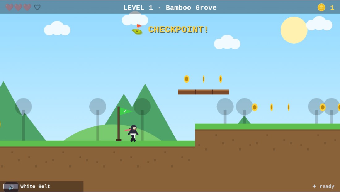 Super Ninja Land gameplay โ the ninja hero passing a green checkpoint flag in Bamboo Grove, coins and an Oni ahead