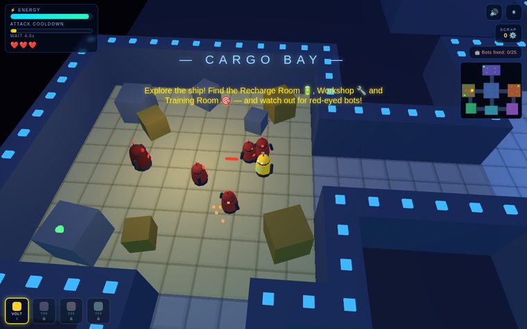 Robots in Space gameplay โ robot hero VOLT battling malfunctioning droids aboard the starship AURORA